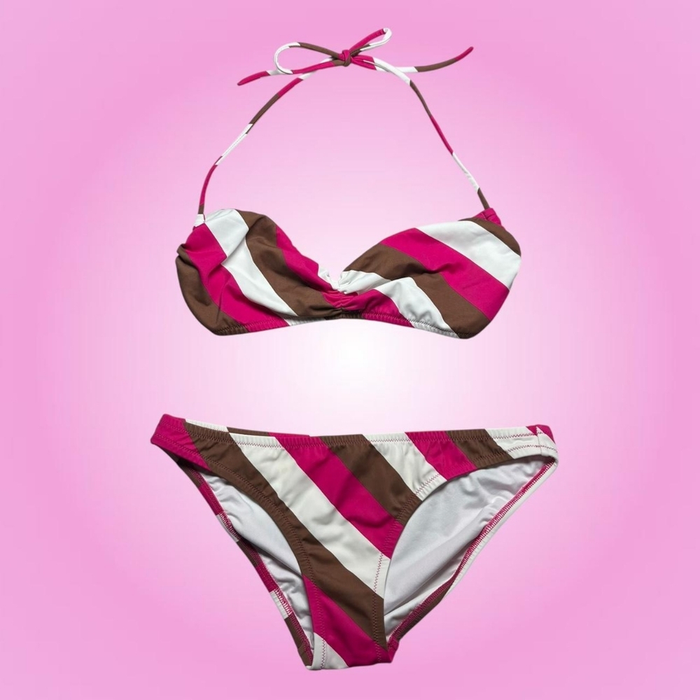 Victoria's Secret Women's Pink and Brown Striped Halter Bikini Set